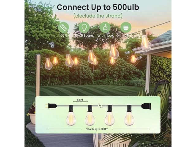 Outdoor String Lights 100FT Waterproof LED Outdoor Lights for Patio with 53 Shatterproof LED Bulbs (3 Spare),Outside Hanging Light for Party,...