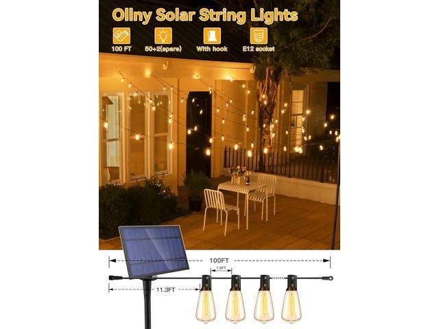 Ollny 50+2 LEDs ST38 Solar String Lights, 100 FT USB & Solar Dual Charging Outdoor String Lights, 3 Modes 5 Timers 10 Brightness 2200K Waterproof...