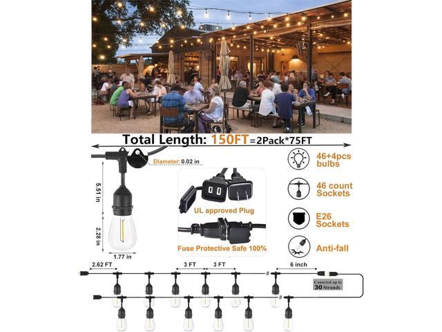 Outdoor String Lights for Outside LED 150 FT Shatterproof Patio Lights with 50 Waterproof Bulbs for Outdoor Backyard Bistro Gazebo Lights, 2-Pack