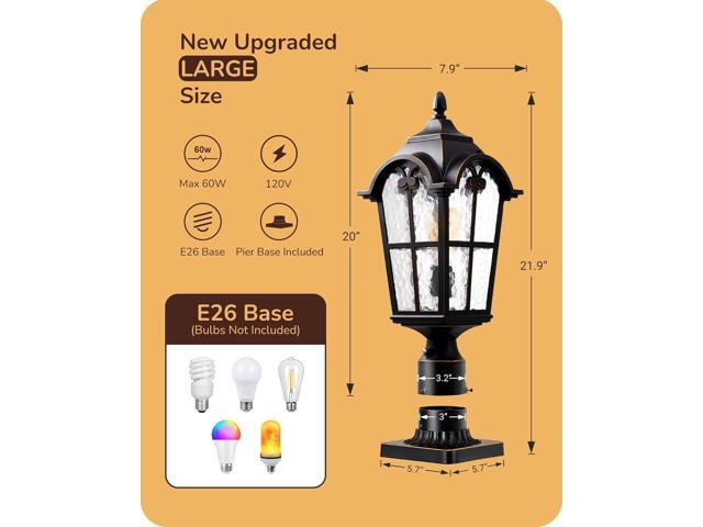 EDISHINE Large Size Dusk to Dawn Outdoor Post Light, 21.9'' H Pole Light Fixture with Pier Mount Base, Waterproof Exterior Lamp Post Lantern Head...
