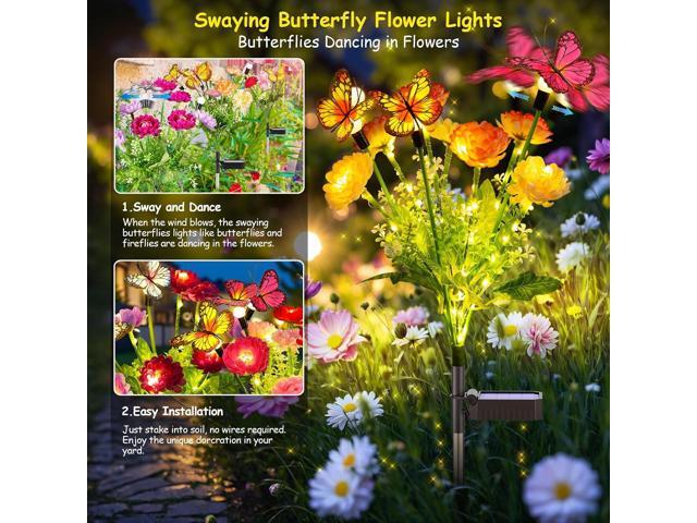 GARPAR Solar Garden Lights, 3 Pack Swaying Solar Lights with 9 Butterflies & 21 Blooming Flowers, Solar Flowers Lights Outdoor Waterproof, Solar...