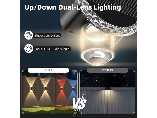 6 Pack Solar Fence Lights Outdoor, RGBW 8-Color Changing Waterproof Dual Lens Up/Down Lighting Solar Powered Fence Lights for Garden/Pool...