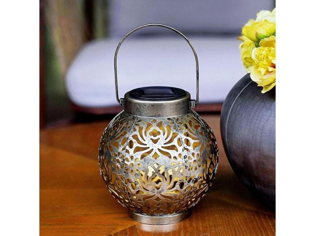 Outdoor Solar Hanging Lantern Lights Metal LED Decorative Lamp for Garden Patio Courtyard Lawn and Table with Hollowed-Out Design (Antique Bronze)