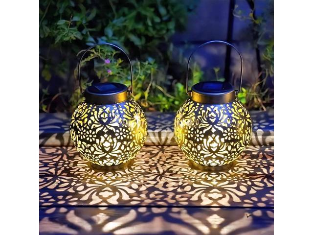 Outdoor Solar Hanging Lantern Lights Metal LED Decorative Lamp for Garden Patio Courtyard Lawn and Table with Hollowed-Out Design (Antique Bronze)