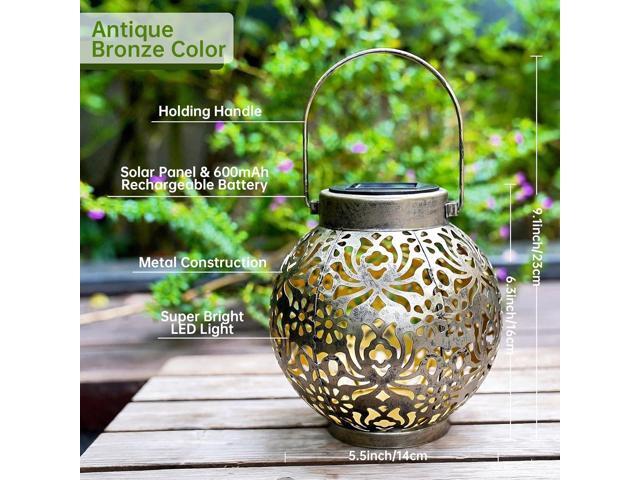 Outdoor Solar Hanging Lantern Lights Metal LED Decorative Lamp for Garden Patio Courtyard Lawn and Table with Hollowed-Out Design (Antique Bronze)