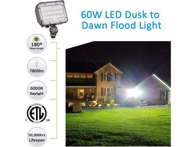 60W LED Flood Light with Knuckle, Outdoor Security Fixture Dusk-to-Dawn Photocell 5000K 7,800lm(300W Equivalent) 100-277V IP65 Waterproof with Base...