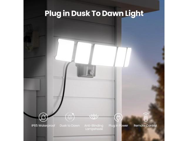 Olafus 100W Plug in Flood Lights Dusk to Dawn LED Outdoor Light with Remote, 5 Adjustable Heads IP65 Waterproof LED Security Light with Photocell...