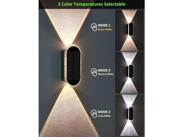 Solar Fence Lights Outdoor, 3000K/4000K/6000K 3 Modes Solar Wall Lights Outdoor Waterproof, Up & Down Dual-Head Outdoor Solar Lights for Yard House...