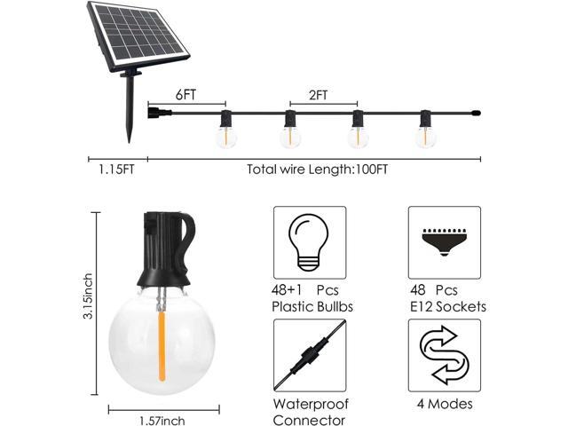 SUNTHIN 100ft Solar String Lights, USB Rechargeable Solar Outdoor Lights with 48 Waterproof & Shatterproof G40 LED Bulbs for Patio, Porch, Garden,...