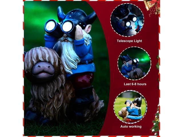Garden Gnome Statues Resin Gnome Sitting on Highland Cow Solar LED Lights Outdoor Telescope Gnome Decorations