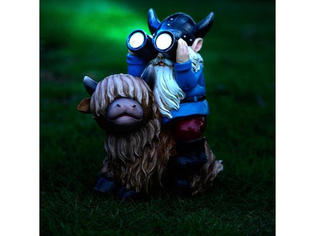 Garden Gnome Statues Resin Gnome Sitting on Highland Cow Solar LED Lights Outdoor Telescope Gnome Decorations