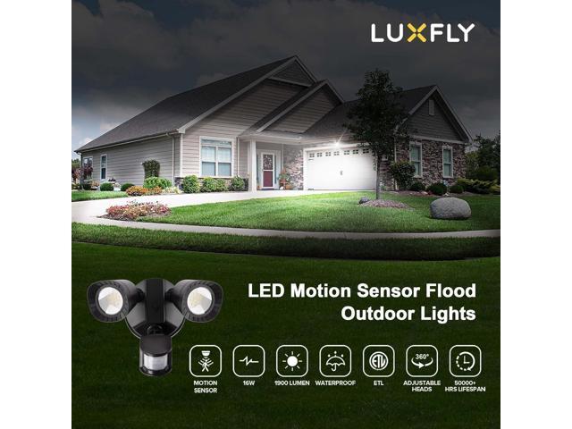 LED Motion Sensor Outdoor Light, 16W 1900LM 5000K Daylight, IP65 Waterproof Flood Lights, 2 Head Dusk to Dawn Motion Detected Security Light for...