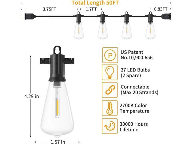 ZOTOYI Outdoor String Lights 50 FT, Patio Bulbs with 27 LED Plastic Edison ST38 Bulbs (2 Spare), Waterproof IP65 Outdoor Hanging Lights for Garden,...