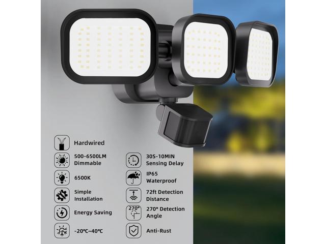 LED Motion Sensor Outdoor Lights, 6500LM, 270° 72FT Detected Range, Dusk to Dawn, 5000K, IP65 Waterproof Flood Lights Outdoor, 3 Head Motion...
