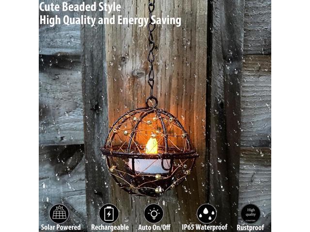 Outdoor Solar Hanging Lanterns Waterproof, Globe Hanging Candle Holder with Flickering Solar Powered Tea Lights, Chargeable Chandelier Light for...