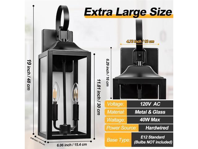 19' Black Outdoor Wall Lantern 2-Light, Large Outside Modern Porch Sconce Light Fixture, Industrial Porch Light Wall Mount with Glass, Waterproof...