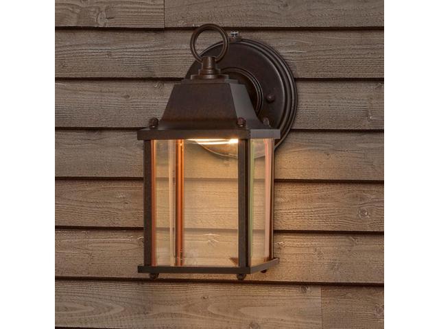 Maxxima LED Porch Lantern Outdoor Wall Light - Aged Bronze with Clear Glass, 3000K Warm White, 650 Lumens, Dusk to Dawn Photocell Light Sensor,...