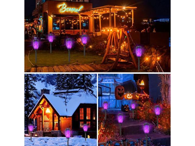Halloween Decorations Outdoor, 12 Pack Purple Solar Lights Outdoor Waterproof 12 LED Mini Tiki Torch Lights with Flickering Flame for Outside...