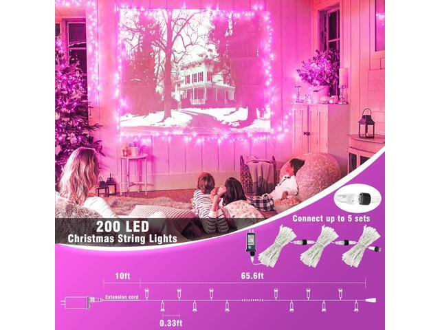 200 LED Pink String Lights, 66ft Pink Christmas Lights Outdoor Waterproof 8 Modes Clear Wire, Connectable Plug in Twinkle Fairy Lights for Bedroom...
