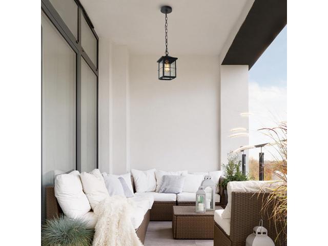 Outdoor Pendant Light Fixture, Farmhouse Exterior Hanging Lights with Adjustable Chain, Black Ceiling Outdoor Light with Seeded Glass, Square...