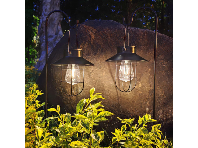 Solar Lantern 2pack Outdoor Hanging Light- Waterproof Vintage Metal Light with Shepherd Hook Decorative for Patio, Backyard, Porch, Yard (Black)