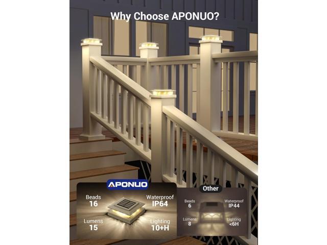 APONUO Solar Post Cap Lights for 4x4 5x5 Fence Deck Posts,IP64 Waterproof LED Outdoor Fence,Deck,Garden,Patio,Yard Lights with 2 Modes,Auto...