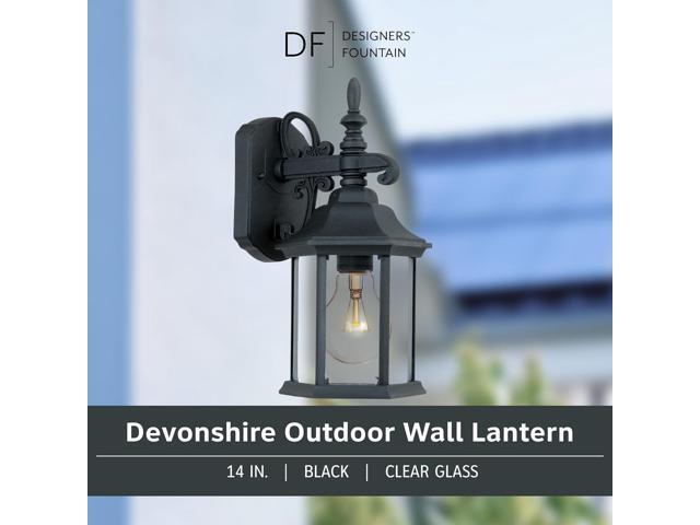 DESIGNERS FOUNTAIN Devonshire Outdoor Light Fixture, 14 Inch Exterior Wall Lantern Sconce for Front Door, Patio and Porch, Black, 2961-BK