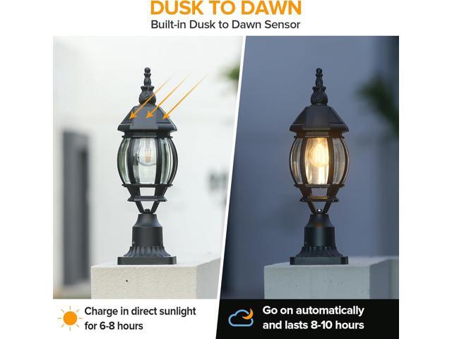 LUTEC Solar Post Light With Pier Mount Base, Dusk to Dawn Aluminium Lamp, Exterior Black Solar Powered Fence Waterproof for Outside