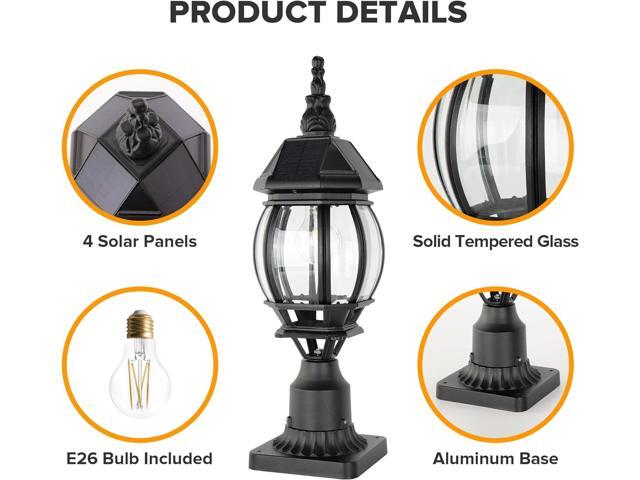 LUTEC Solar Post Light With Pier Mount Base, Dusk to Dawn Aluminium Lamp, Exterior Black Solar Powered Fence Waterproof for Outside