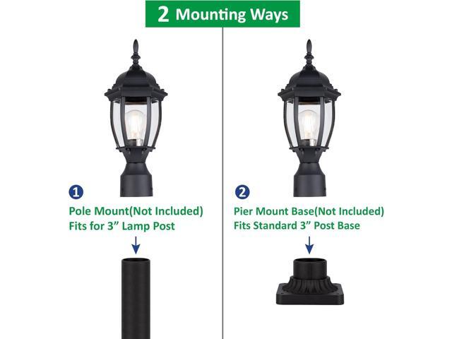 LIT-PaTH Outdoor Post Lighting Fixture Pole Lantern, E26 Medium Base Max 60W, Aluminum Housing Plus Glass, Matte Black Finish, 1-Pack