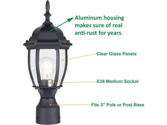 LIT-PaTH Outdoor Post Lighting Fixture Pole Lantern, E26 Medium Base Max 60W, Aluminum Housing Plus Glass, Matte Black Finish, 1-Pack