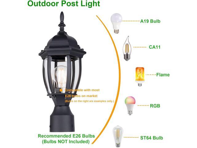 LIT-PaTH Outdoor Post Lighting Fixture Pole Lantern, E26 Medium Base Max 60W, Aluminum Housing Plus Glass, Matte Black Finish, 1-Pack