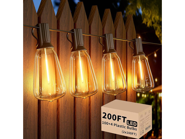 Svater Outdoor String Lights 200 FT, Commercial Vintage Patio Lights with 100+4 1W Shatterproof Plastic Led Bulbs, Connectable Dimmable Hanging...