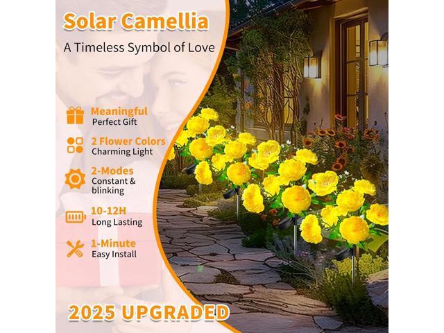 Neporal Solar Flowers Outdoor Waterproof, 4PK 7-Stem Yellow Camellia with 2 Lighting Modes & Romantic Warm Light, Solar Lights Outdoor Decorative...