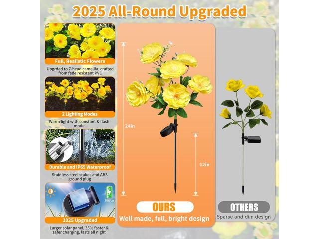 Neporal Solar Flowers Outdoor Waterproof, 4PK 7-Stem Yellow Camellia with 2 Lighting Modes & Romantic Warm Light, Solar Lights Outdoor Decorative...