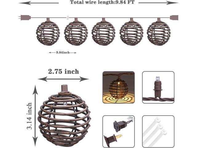 Decorative - Rattan Ball String Lights with 10 Led Bulbs Plug in Rattan Lantern String Lights for Patio Garden Backyard Party Decor,9.84FT