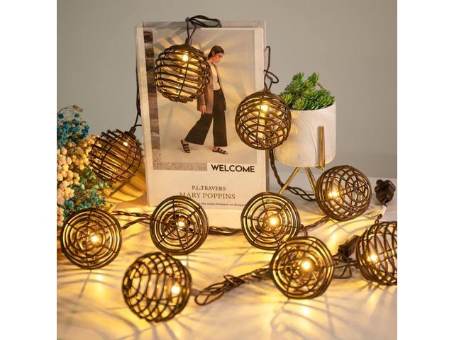 Decorative - Rattan Ball String Lights with 10 Led Bulbs Plug in Rattan Lantern String Lights for Patio Garden Backyard Party Decor,9.84FT