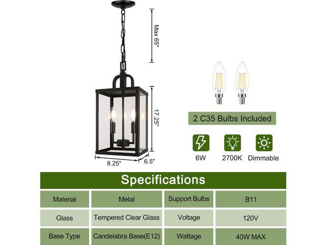 Large Outdoor Indoor Pendant Light 2-Light, Modern Black Metal Outside Chandelier Exterior Hanging Fixture Ceiling Mount with Clear Glass Shade for...