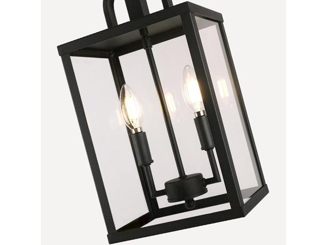 Large Outdoor Indoor Pendant Light 2-Light, Modern Black Metal Outside Chandelier Exterior Hanging Fixture Ceiling Mount with Clear Glass Shade for...