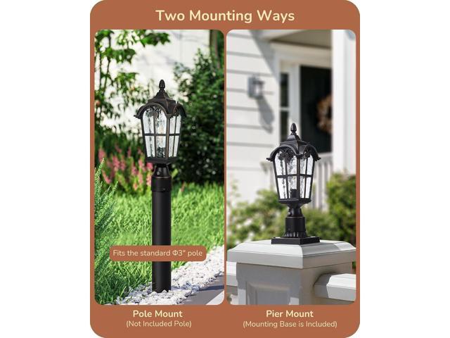 EDISHINE Dusk to Dawn Outdoor Post Light with Pier Mount Base, Hardwired Black Roman Waterproof Pole Lantern Fixture, Water Ripple Glass Exterior...