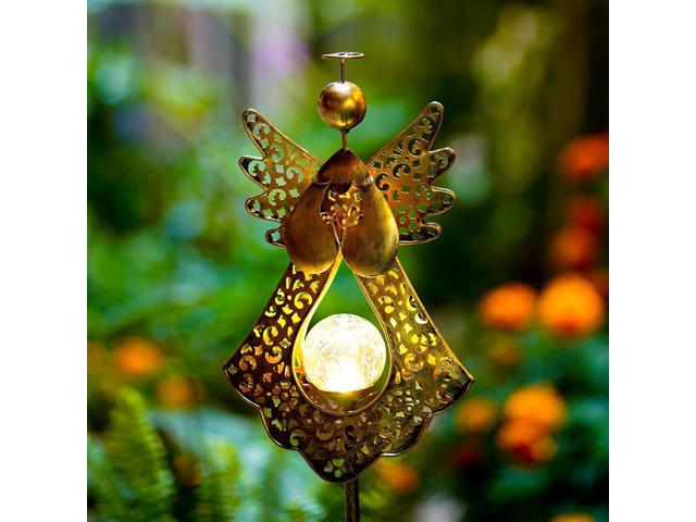 Starryfill Angel Stake Solar Lights with Crackle Glass Globe Waterproof Warm White LED, 40.5 inches Height Metal Bronze Stake Garden Patio Art...