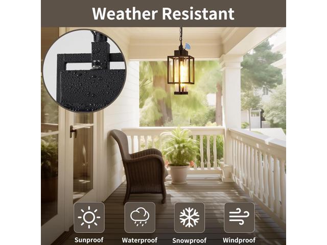 Outdoor Pendant Light, 16' Dusk to Dawn Exterior Chandelier Porch Hanging Light with Clear Glass, Modern Black Outdoor Hanging Lantern for Porchs...