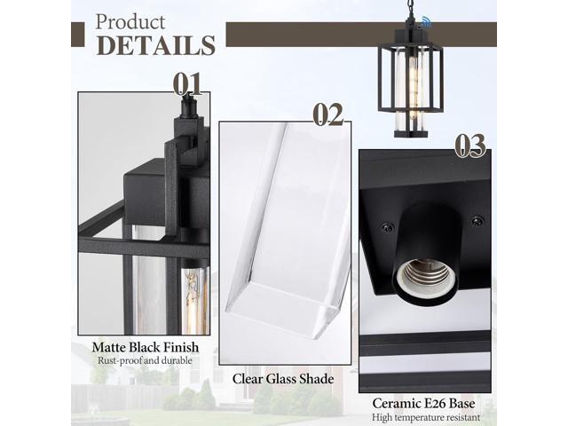 Outdoor Pendant Light, 16' Dusk to Dawn Exterior Chandelier Porch Hanging Light with Clear Glass, Modern Black Outdoor Hanging Lantern for Porchs...