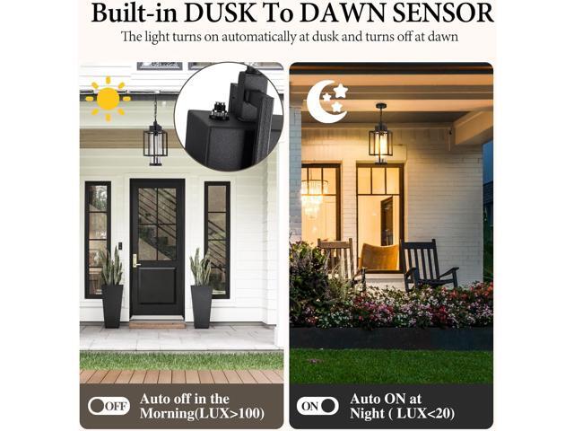Outdoor Pendant Light, 16' Dusk to Dawn Exterior Chandelier Porch Hanging Light with Clear Glass, Modern Black Outdoor Hanging Lantern for Porchs...
