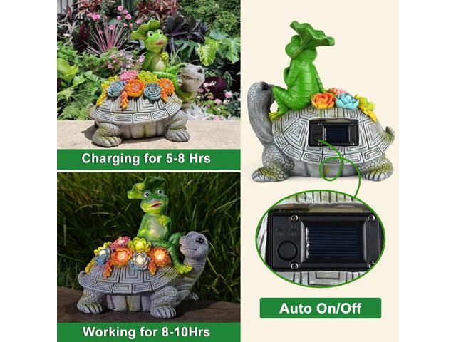 ILLUMINEW Solar Garden Outdoor Statues Turtle& Frog with Succulent and 8 LED Lights, Turtle Carrying Lotus Leaf Frog Figurines, Lawn Decorations...