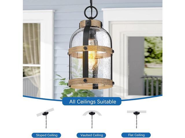 Outdoor Pendant Light for Porch,Waterproof Modern Exterior Hanging Lantern with Adjustable Chain, in Black and Wood Grain Finish with Air Bubble...