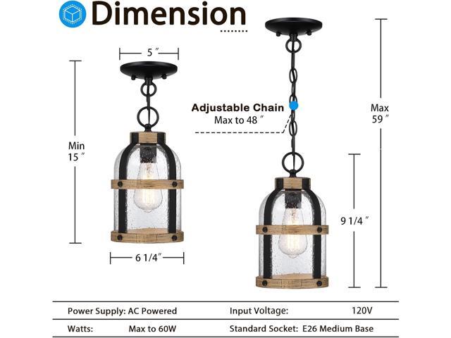 Outdoor Pendant Light for Porch,Waterproof Modern Exterior Hanging Lantern with Adjustable Chain, in Black and Wood Grain Finish with Air Bubble...