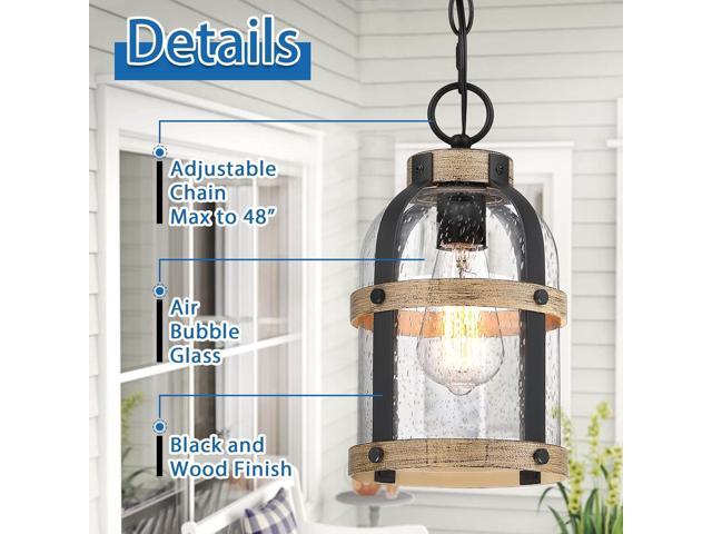 Outdoor Pendant Light for Porch,Waterproof Modern Exterior Hanging Lantern with Adjustable Chain, in Black and Wood Grain Finish with Air Bubble...