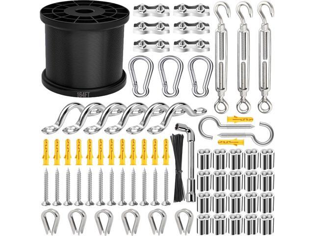 164FT Black Vinyl-Coated 304 Stainless Steel Cable Heavy Duty String Lights Hanging Kit with Turnbuckle, Thimble & Hooks for Outdoor, Patio,...
