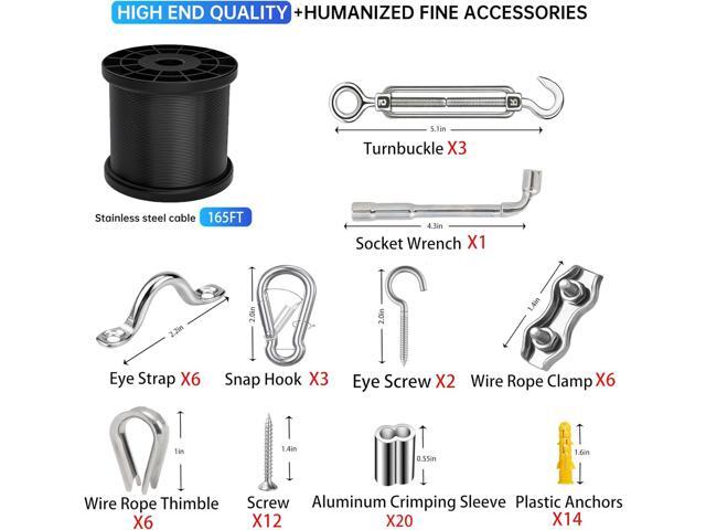 164FT Black Vinyl-Coated 304 Stainless Steel Cable Heavy Duty String Lights Hanging Kit with Turnbuckle, Thimble & Hooks for Outdoor, Patio,...